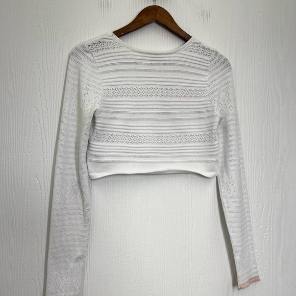 Free People - White Open Fun Design Long Sleeve Trimmed Pink Crop Top Medium - Picture 12 of 12